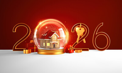 2026 New Year design template with golden keys and a snow globe with a cosy house inside. 3D render illustration.