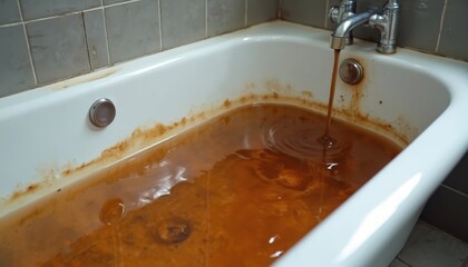 Brown muddy water fills a dirty bathtub with rusty stains. Water flows from a silver faucet into the unclean tub. Residential plumbing problems are evident.