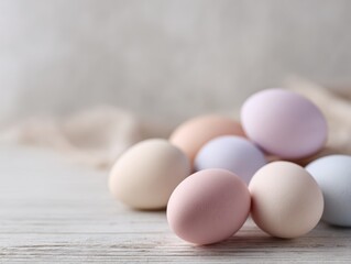 Easter eggs in pastel tones arranged on rustic table, wide angle, monochrome palette, modern vibe, natural daylight, minimal composition, brand-safe, no logos