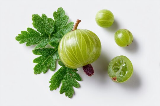 Fresh green gooseberries with leaves