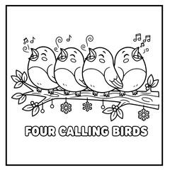 Four Calling Birds,Cute Cartoon Line Art Coloring Page