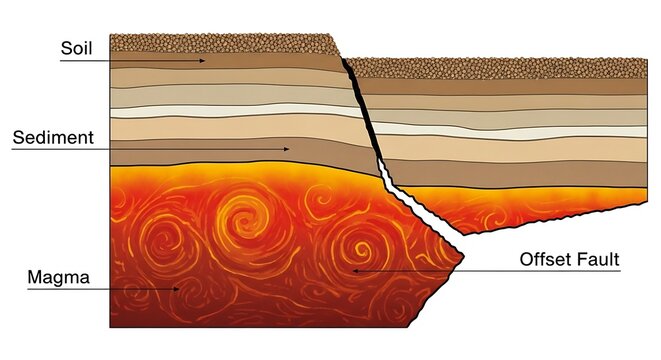 Diagram of an offset fault line showing the different layers of soil, sediment, and magma, with labels indicating the names of each layer and the location of the fault