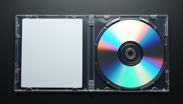 Open transparent plastic DVD case sits on dark background. Blank white paper insert ready for custom cover art template mockup. Rainbow shiny compact disc inside. Classic data storage tech media.
