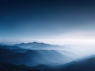 mountain landscape with sunrise and misty valleys, wide angle, cool futuristic blues, advertising mood, golden hour tone, ample space for text, ideal for commercial use