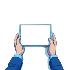 Hands holding a blank tablet computer in a modern illustration style