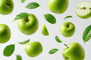 Green apples and leaves in mid-air, against a plain white background. Fresh, vibrant, and healthy