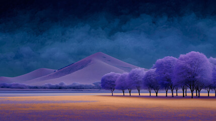 Purple futuristic landscape with mountains and trees.