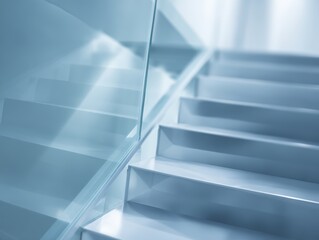 Obraz premium modern staircase with glass railings and geometric design, wide angle, cool futuristic blues, modern vibe, soft diffused glow, ample space for text, generic props only