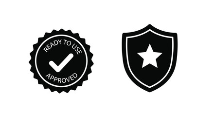 Two black and white shield icons one with a checkmark and star