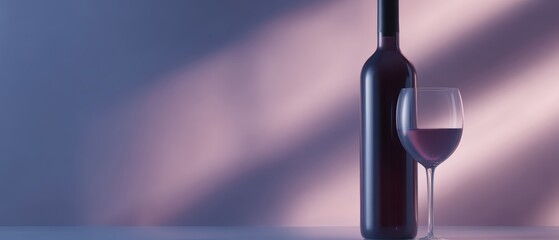 luxury wine bottle with glass and moody lighting, close-up shot, pastel tones, advertising mood, controlled studio lighting, clean background for typography, ideal for commercial use