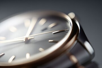 high-end wristwatch close-up with metallic reflections, macro detail, monochrome palette, advertising mood, golden hour tone, clean background for typography, ideal for commercial use