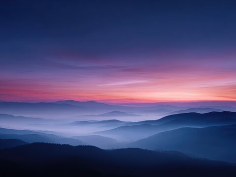 mountain landscape with sunrise and misty valleys, top view, vibrant neon colors, editorial style, dramatic rim light, balanced rule of thirds, brand-safe, no logos - Powered by Adobe