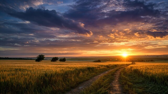 Golden summer sunrise illuminating vast green fields with rolling hills and clear sky in peaceful countryside landscape