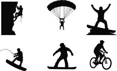 Collection of extreme sports silhouettes featuring rock climbing, parachuting, snowboarding, wakeboarding, and mountain biking, vector illustration for adventure and active 