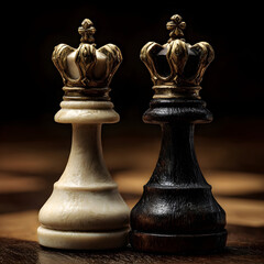 Two regal chess kings one white and one black stand side by side on a board