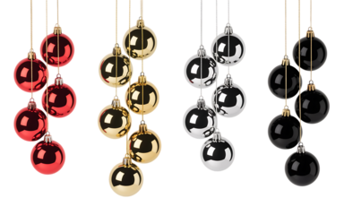 Shiny red, gold, silver, and black christmas tree ornaments hanging for festive holiday season decoration. isolated on transparent background