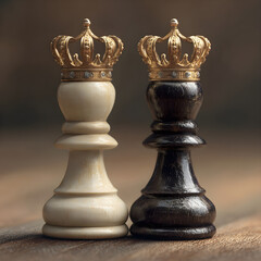 Two regal chess pieces a white and black queen adorned with golden crowns