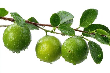 Fresh limes on a branch, covered in water droplets