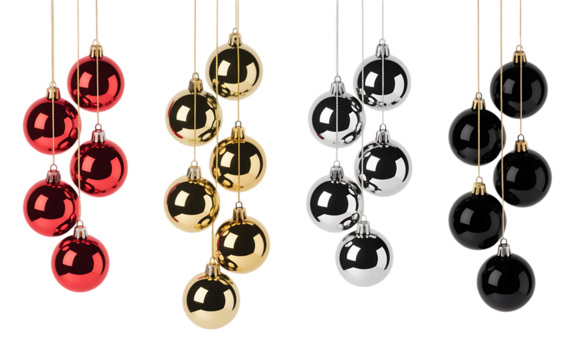 Shiny red, gold, silver, and black christmas tree ornaments hanging for festive holiday season decoration. isolated on transparent background