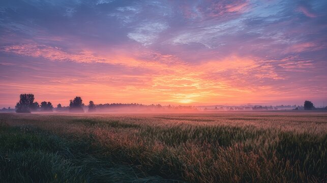 Golden summer sunrise illuminating vast green fields with rolling hills and clear sky in peaceful countryside landscape