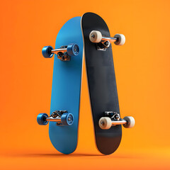Two skateboards lean together against a vibrant orange background