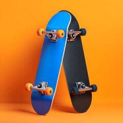 Two skateboards leaning against an orange wall with a warm glow