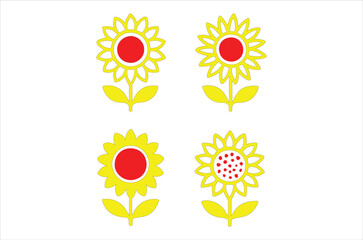 Simple graphic illustration of four yellow sunflowers with bright red centers