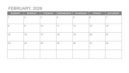 Classic monthly calendar for 2026. week starts on sunday. simple february 2026 calendar template. new monthly planner design