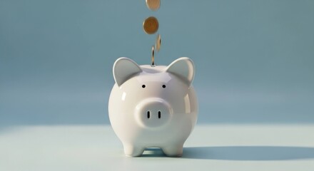 Coins dropping into white piggy bank on light blue background