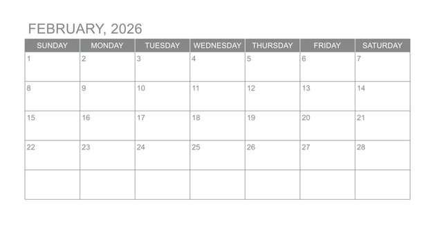 Classic monthly calendar for 2026. week starts on sunday. simple february 2026 calendar template. new monthly planner design