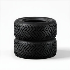 Two stacked black rubber tires with aggressive tread patterns on a white background