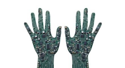 Two hands made of green circuit boards with electronic components on a white background.