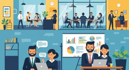 Modern office environment with collaborative teams and digital tools