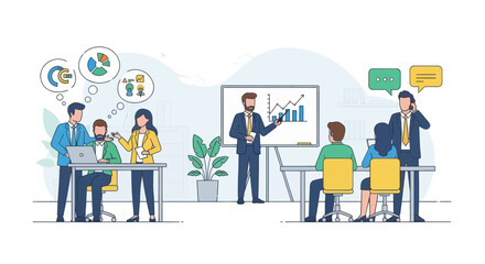 Corporate Business Meeting with Data Presentation and Team