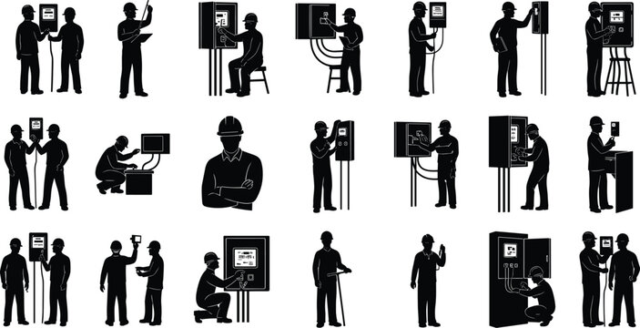Set of industrial workers, electricians, engineers, technicians, performing maintenance, repair, inspection on electrical control panels, wiring, and machinery