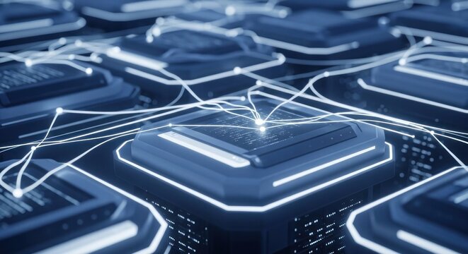 Connected system of blue lit square processors with network-like data transfer