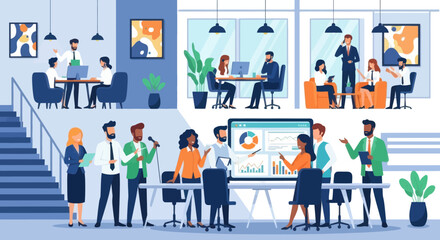 Modern Office Work Environment Featuring Team Collaboration and