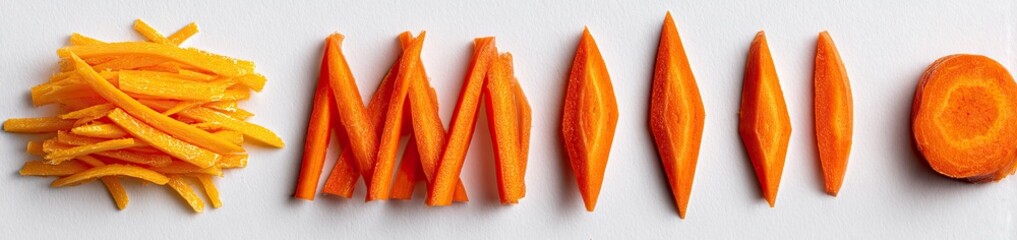 Carrot and another orange root vegetable slices in various shapes, displayed on a white surface