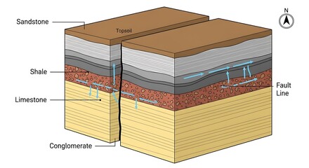Diagram illustrating a fault line cutting through layers of sandstone, shale, limestone, and conglomerate, showcasing geological formations and tectonic activity