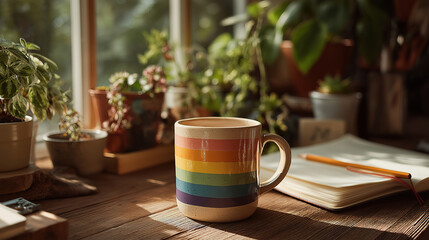 Rainbow coffee mug on desk with notebook pencil and greenery creating inviting workspace