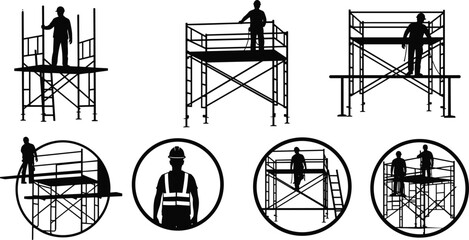 Silhouette collection of construction workers standing on scaffolding towers, and circular icons of builders wearing safety helmets working on high platforms for industrial design.