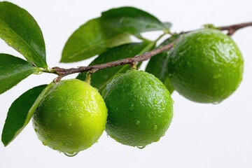 Close-up of three limes on a branch, covered in water droplets, with vibrant green leaves