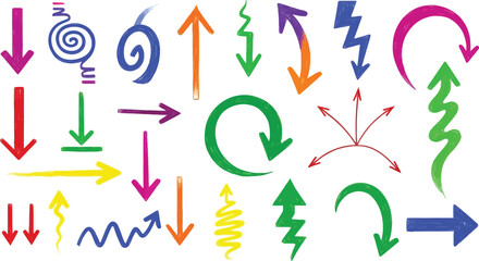 Hand drawn arrow collection in various styles and colors on white background