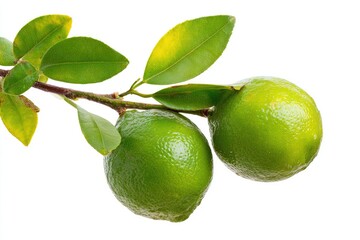 Two vibrant limes on a branch with fresh green leaves against a white background