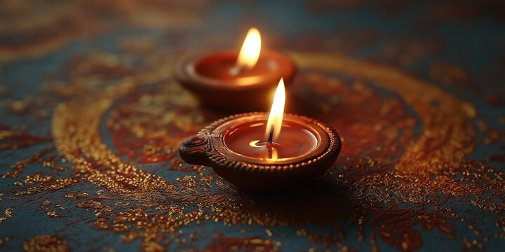 Close-up of lit oil lamps on a beautiful rangoli pattern background - Powered by Adobe