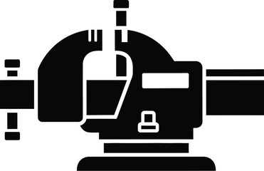 Bench vise clamping object in black and white silhouette