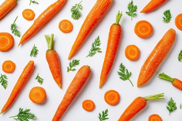 Fresh carrots, sliced and whole, arranged on white background with sprigs of greenery