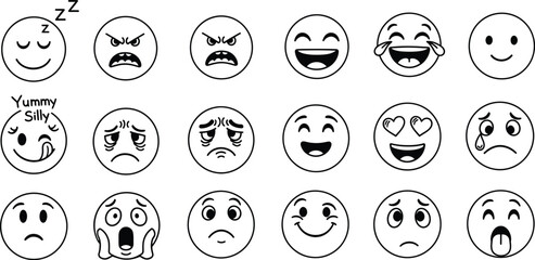 Collection of hand drawn emoji faces with different expressions and emotions