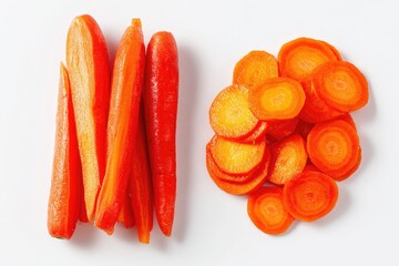 Fresh carrots, whole and sliced, on white background