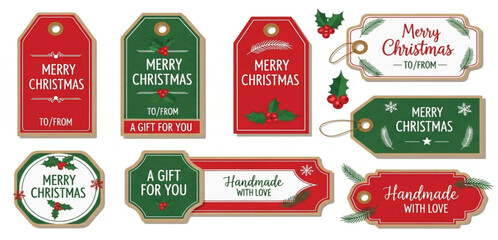 Christmas gift tags and labels set, vintage kraft paper style, red and green color palette